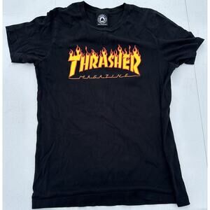 Vintage Y2K Authentic Thrasher Magazine Orange Flame Logo Black T-Shirt Size M
